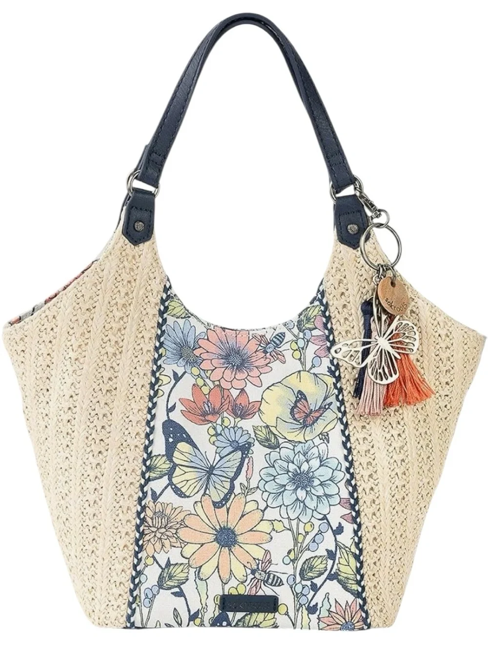 Sakroots Roma Straw Floral Butterflies Boho Festival Summer Shoulder Tote